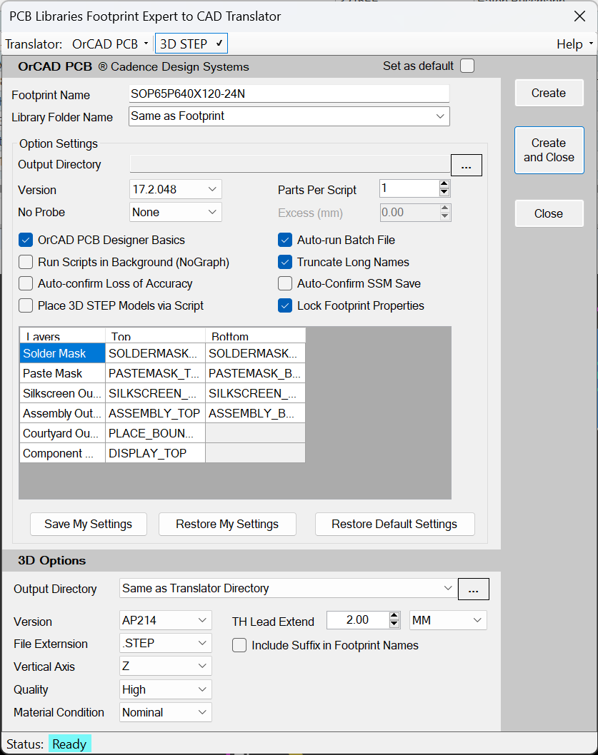 Build Part Funktion für Cadence OrCAD PCB mit dem Extra-Menü des kostenpflichtigen 3D STEP Add-ons