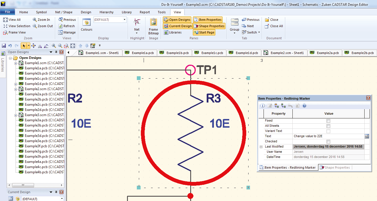 pcb design software cadstar redlining markup showing comments in the item properties workspace window