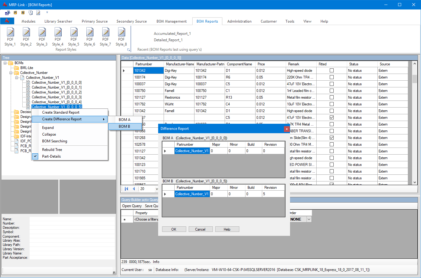 plm  erp  mrp  link  BOM  Report  Main  Create  Difference  Report